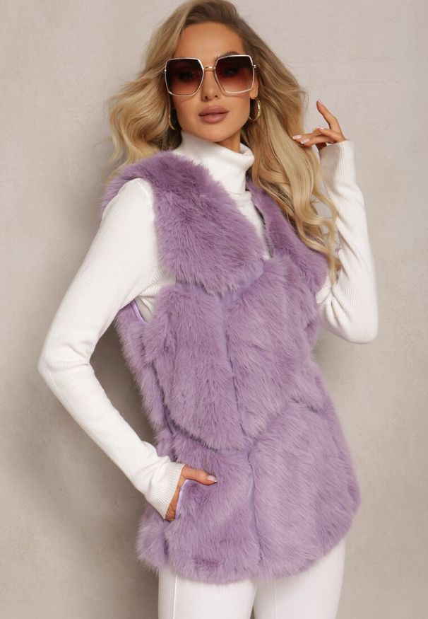 Renee - Fioletowa Futrzana Kamizelka z Wstawkami z Ekoskóry Lewja. Kolor: fioletowy. Materiał: futro