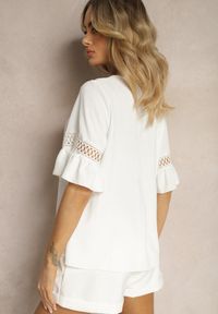 Renee - Biała Luźna Bluzka z Ażurową Wstawką na Rękawach Birian. Kolor: biały. Materiał: koronka, jeans. Wzór: ażurowy. Sezon: lato. Styl: elegancki
