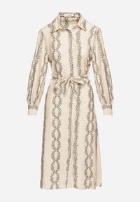 Born2be - Beżowa Koszulowa Sukienka z Wiskozy z Wiązanym Paskiem Zdobiona Haftem Rallisia. Okazja: na co dzień. Kolor: beżowy. Materiał: wiskoza. Wzór: aplikacja, haft. Typ sukienki: koszulowe. Styl: klasyczny, casual, elegancki #7