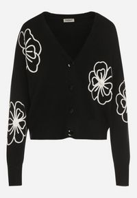 Born2be - Czarny Kardigan na Guziki w Haftowane Kwiaty Tustara. Okazja: na co dzień. Kolor: czarny. Materiał: jeans. Wzór: kwiaty, haft. Styl: casual #3