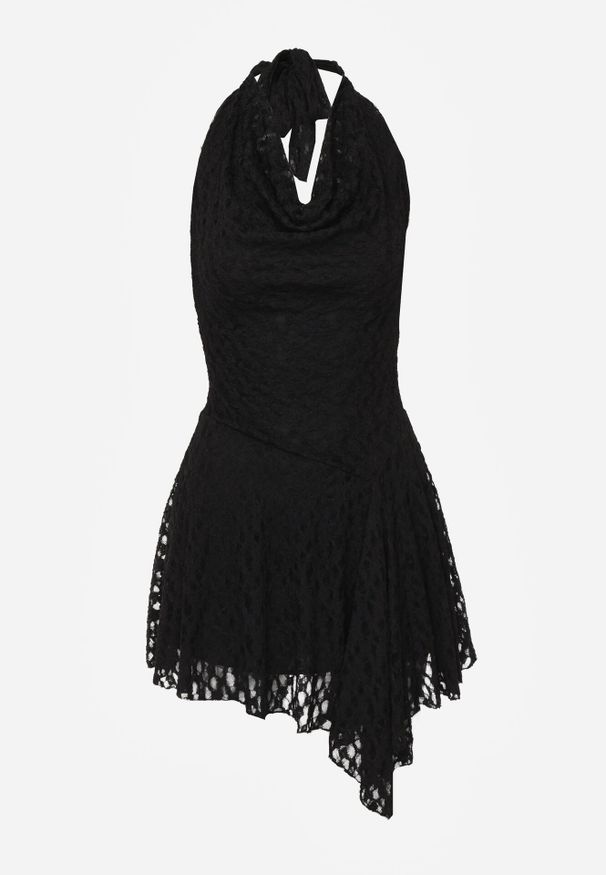 Born2be - Czarna Rozkloszowana Sukienka z Koronki z Wiązaniem i Odkrytymi Plecami Bernisa. Okazja: na randkę. Kolor: czarny. Materiał: koronka. Wzór: koronka