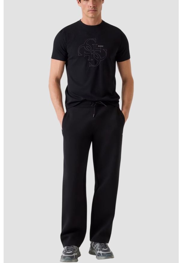 Guess - GUESS Czarny bawełniany t-shirt męski na krótki rękaw z wyszywanym logo 4G Tiberio, Rozmiar XXL. Okazja: na co dzień. Kolor: czarny. Materiał: bawełna. Długość rękawa: krótki rękaw. Długość: krótkie. Styl: elegancki, casual