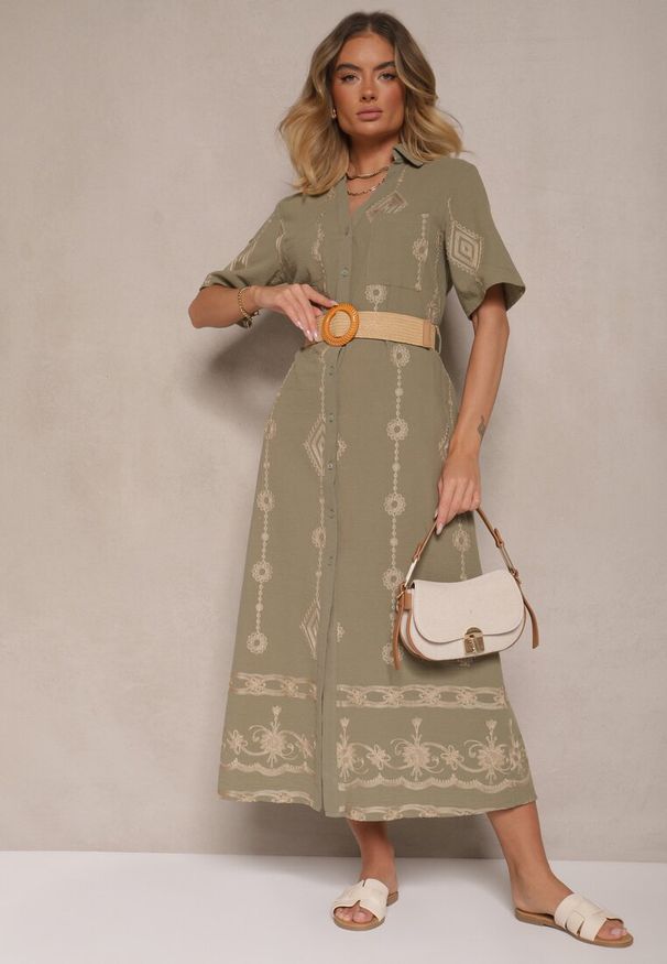 Renee - Ciemnozielona Koszulowa Sukienka z Bawełny z Plecionym Paskiem Sariene. Okazja: na co dzień. Kolor: zielony. Materiał: bawełna. Typ sukienki: koszulowe. Styl: boho, elegancki, casual