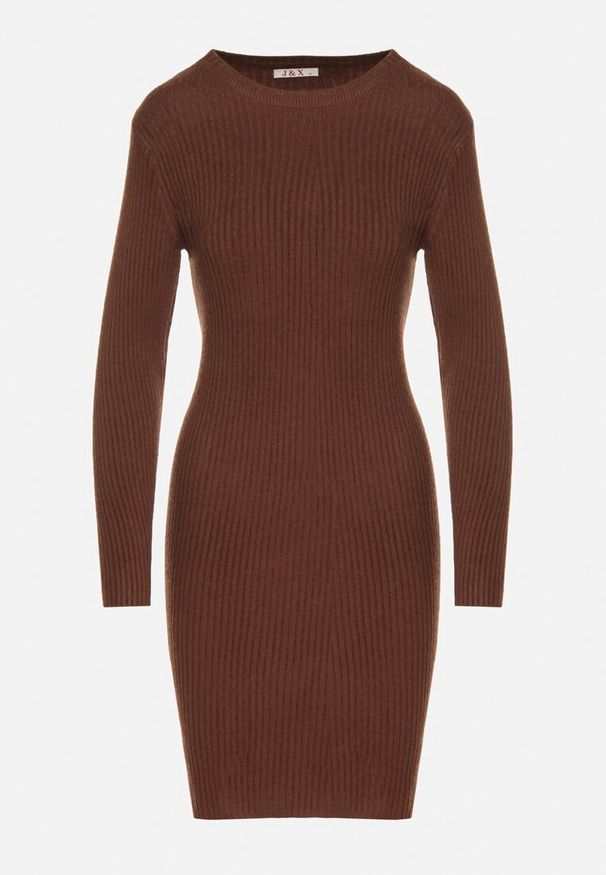 Born2be - Brązowa Dopasowana Sukienka z Prążkowanej Dzianiny z Bawełną Tesmera. Okazja: na co dzień, do pracy, na spotkanie biznesowe. Kolor: brązowy. Materiał: prążkowany, bawełna, dzianina. Styl: biznesowy, casual