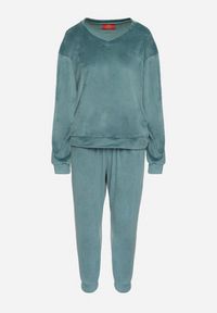Born2be - Ciemnozielony Welurowy Komplet Dresowy Bluza z Trójkątnym Dekoltem i Spodnie z Kieszeniami Onchia. Kolor: zielony. Materiał: dresówka, welur #3
