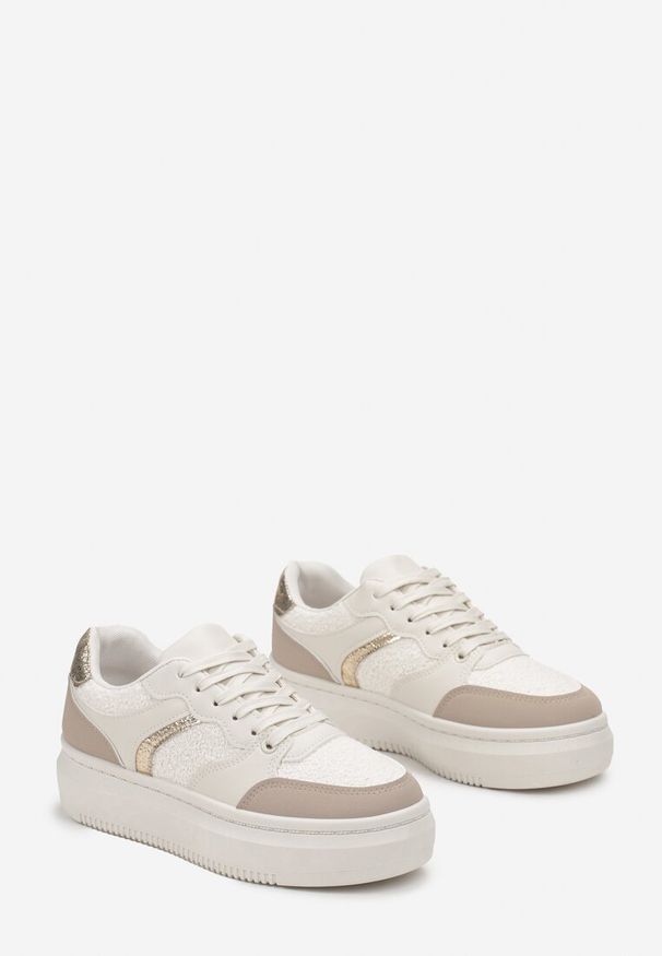 Born2be - Beżowe Sznurowane Sneakersy na Płaskiej Grubej Podeszwie z Metalicznymi Wstawkami Neradel. Kolor: beżowy. Materiał: materiał. Obcas: na płaskiej podeszwie