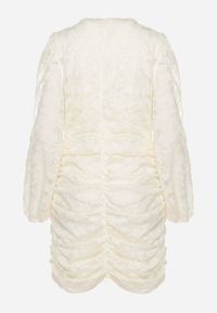 Born2be - Jasnobeżowa Koronkowa Sukienka z Marszczeniem i Falbankami z Półprzezroczystymi Rękawami Zialda. Okazja: na spotkanie biznesowe, na co dzień. Typ kołnierza: kołnierz z falbankami. Kolor: beżowy. Materiał: koronka. Typ sukienki: proste. Styl: elegancki, casual, klasyczny, biznesowy #3