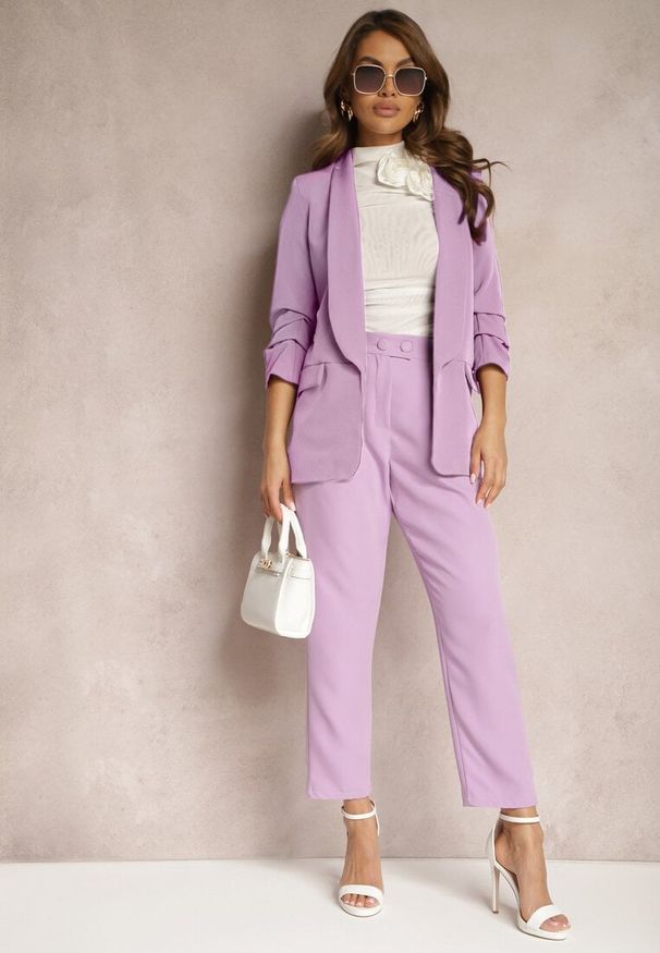 Renee - Fioletowe Spodnie Cygaretki z Guzikami i Gumką w Pasie Gelarine. Stan: podwyższony. Kolor: fioletowy. Styl: elegancki