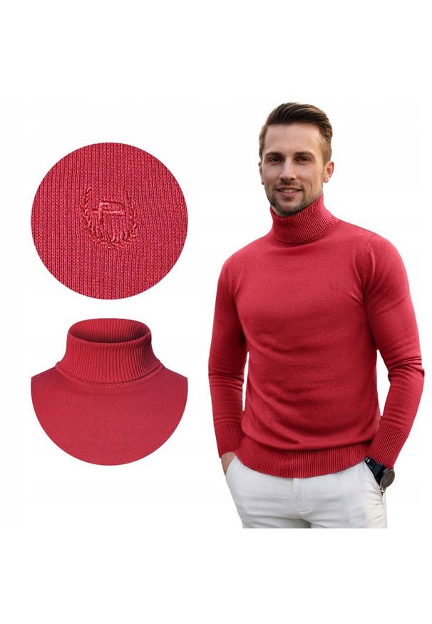 Bawełniany Męski Golf - Pako Jeans - Malinowa Czerwień. Typ kołnierza: golf. Kolor: czerwony. Materiał: bawełna. Styl: klasyczny