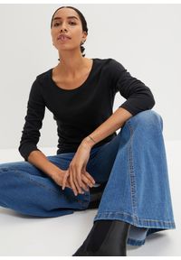 bonprix - Bluzka z długim rękawem z czystej bawełny organicznej. Kolor: czarny. Materiał: bawełna. Długość rękawa: długi rękaw. Długość: długie. Wzór: prążki #1