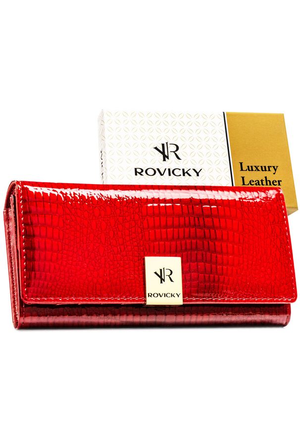 ROVICKY - Lakierowany portfel damski ze skóry naturalnej w czerwonym kolorze zamykany na zatrzask RH-20A-1-RS Rovicky. Kolor: czerwony. Materiał: skóra, lakier
