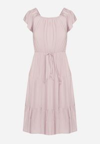 Born2be - Różowa Rozkloszowana Sukienka w Hiszpańskim Stylu z Gumką w Pasie Yemvia. Okazja: na co dzień. Typ kołnierza: dekolt hiszpanka. Kolor: różowy. Materiał: wiskoza, jeans, bawełna, materiał. Sezon: lato. Typ sukienki: proste. Styl: casual, elegancki #7