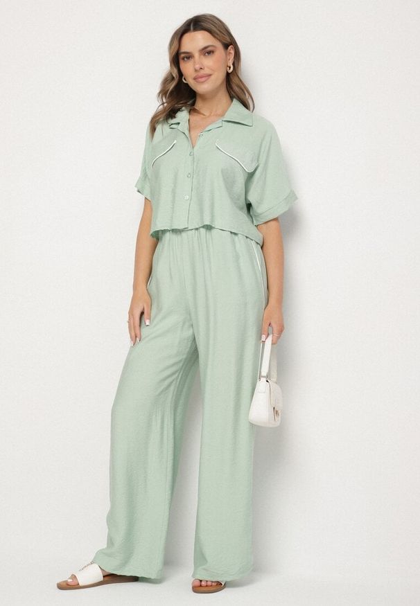 Born2be - Jasnozielony Wiskozowy Komplet Krótka Koszula i Szerokie Spodnie Davitta. Kolor: zielony. Materiał: wiskoza. Wzór: aplikacja