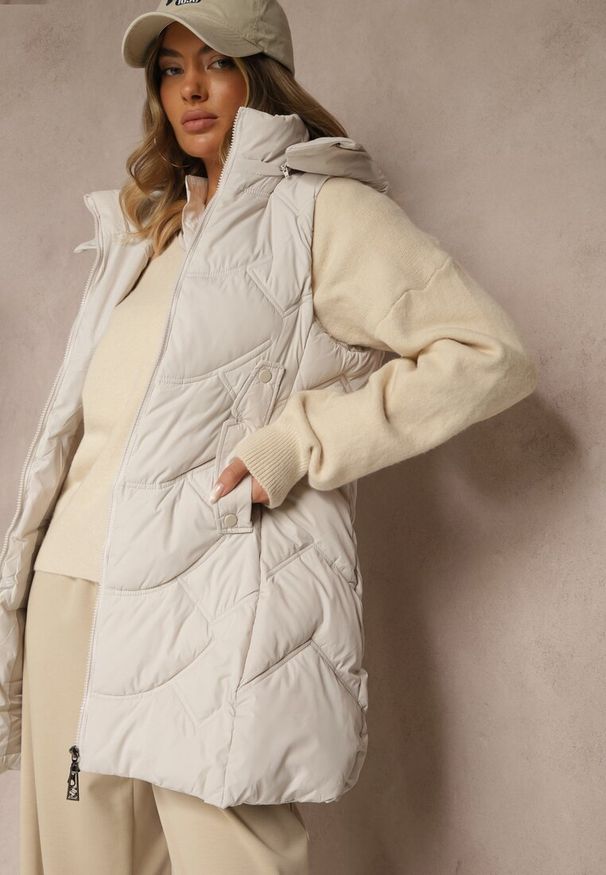 Renee - Jasnoszara Pikowana Kamizelka z Odpinanym Kapturem Tulanea. Okazja: na co dzień. Kolor: szary. Materiał: jeans. Styl: casual