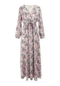 Born2be - Jasnoniebieska Sukienka Partharpia. Typ kołnierza: kokarda. Kolor: niebieski. Materiał: tkanina, materiał. Wzór: kolorowy, aplikacja, kwiaty. Typ sukienki: rozkloszowane, kopertowe. Długość: maxi #6