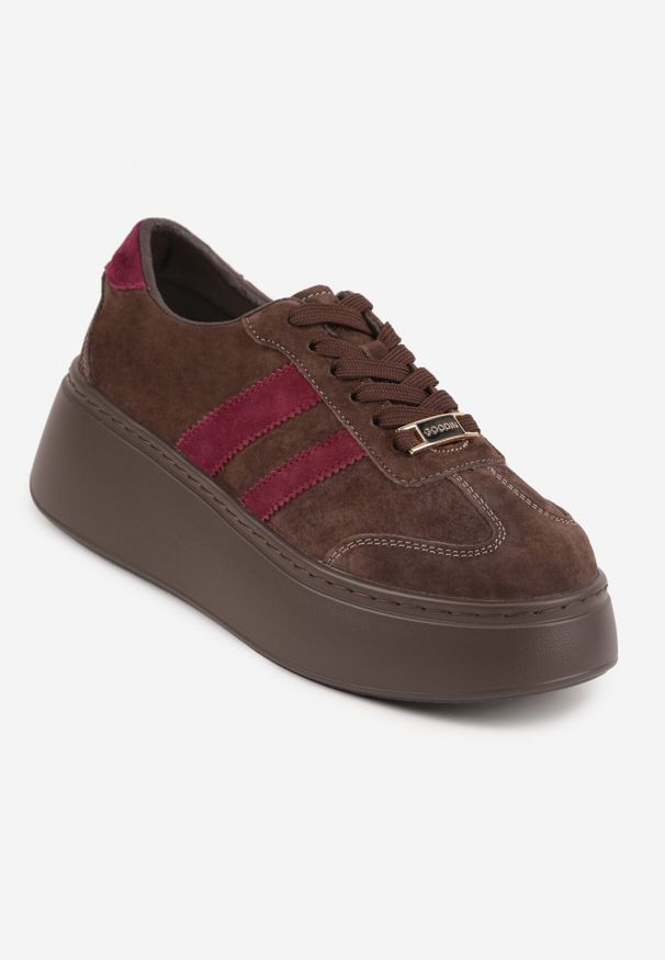 Born2be - Brązowe Zamszowe Sneakersy na Grubej Podeszwie z Paskami Arathyra. Okazja: na co dzień. Zapięcie: pasek. Kolor: brązowy. Materiał: zamsz. Wzór: paski