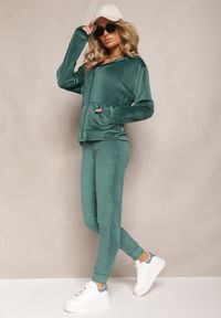 Renee - Ciemnozielony Welurowy Komplet Dresowy Bluza z Kapturem i Proste Spodnie Arislo. Kolor: zielony. Materiał: dresówka, welur #1