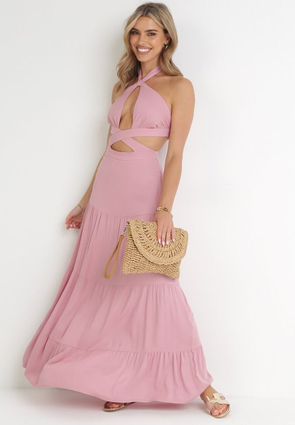 Born2be - Różowa Rozkloszowana Sukienka z Wycięciami i Wiązaniem Abisal. Kolor: różowy