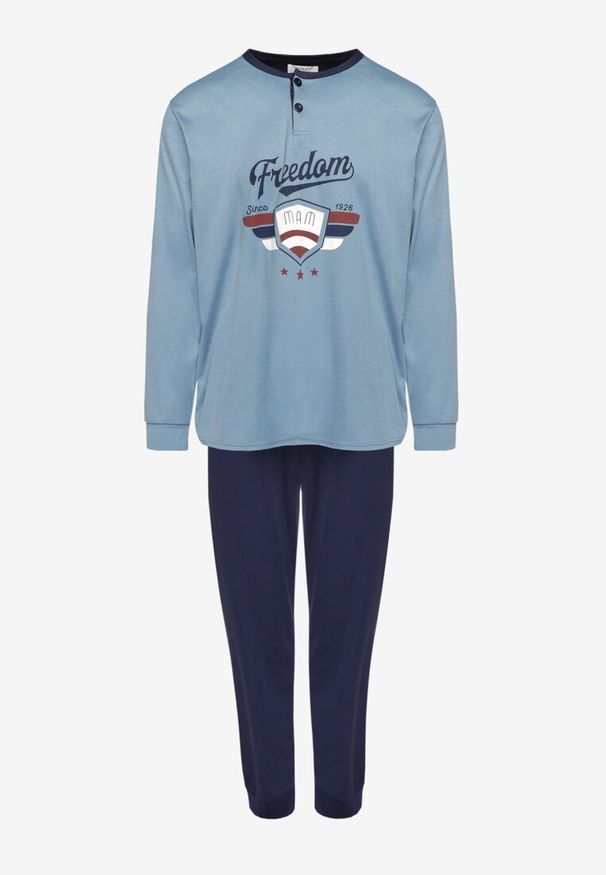 Born2be - Niebieska Bawełniana Piżama Koszulka z Napisem i Guzikami Spodnie z Gumką w Pasie Sezista. Kolor: niebieski. Materiał: bawełna. Długość: długie. Wzór: napisy