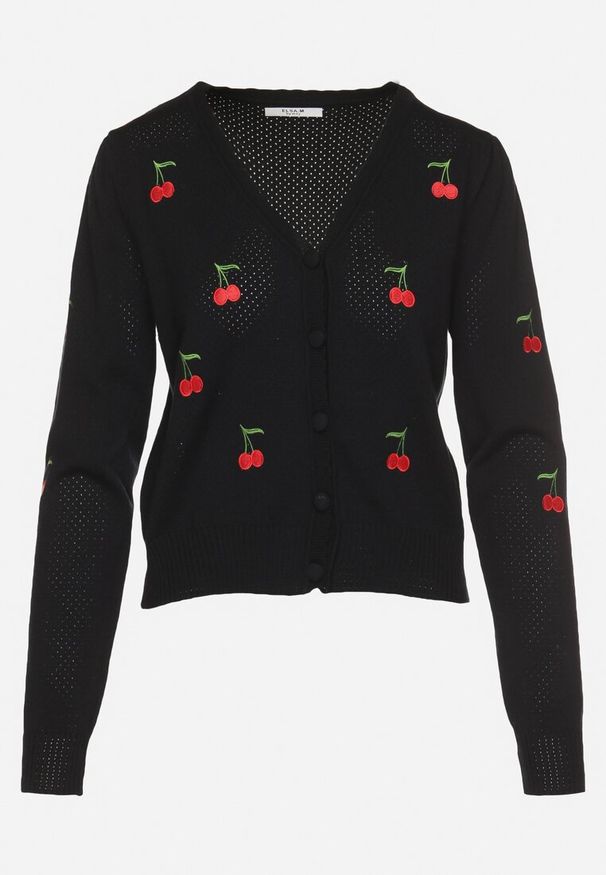 Born2be - Czarny Kardigan z Wyhaftowanymi Wisienkami Niralia. Kolor: czarny. Materiał: jeans. Styl: klasyczny, elegancki