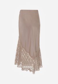 Born2be - Beżowa Spódnica z Satyny z Koronką i Rozcięciem na Nogę Doritana. Okazja: na co dzień, na spotkanie biznesowe. Kolor: beżowy. Materiał: satyna, koronka. Wzór: koronka. Styl: casual, biznesowy, elegancki #3