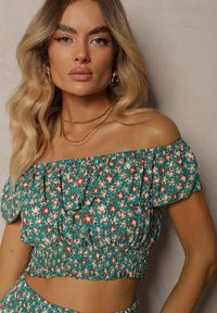 Renee - Zielony 2-częściowy Komplet Bawełniany z Topem i Długą Spódnicą w Kwiaty Agnda. Kolor: zielony. Materiał: bawełna. Wzór: kwiaty