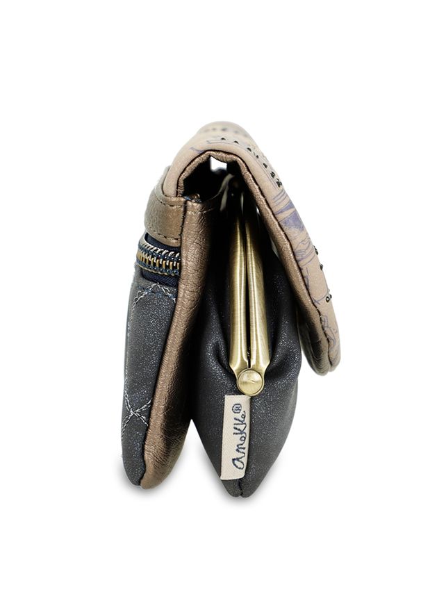 Granatowa Kompaktowa Portmonetka Damska Anekke. Kolor: niebieski. Materiał: materiał. Wzór: aplikacja