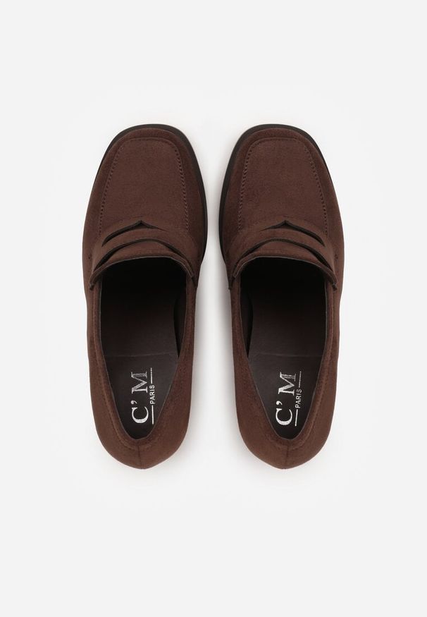 Renee - Brązowe Półbuty Mokasyny na Słupku z Geometryczną Wstawką Edalinae. Okazja: na co dzień. Kolor: brązowy. Wzór: geometria. Obcas: na słupku. Styl: casual, klasyczny