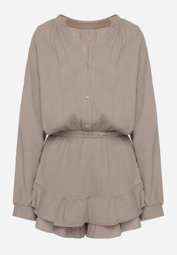 Born2be - Ciemnobeżowy Bawełniany Kombinezon z Elastyczną Gumką w Talii i Spódnico-Spodenkami Gleasea. Okazja: na co dzień. Kolor: beżowy. Materiał: bawełna. Styl: casual, elegancki