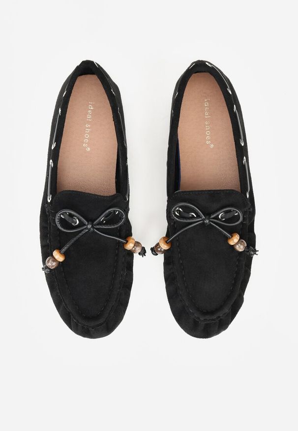 Born2be - Czarne Mokasyny z Ozdobnymi Przeszyciami Koralikami i Kokardą Mountainthorne. Okazja: na co dzień. Kolor: czarny. Materiał: jeans. Styl: casual, elegancki