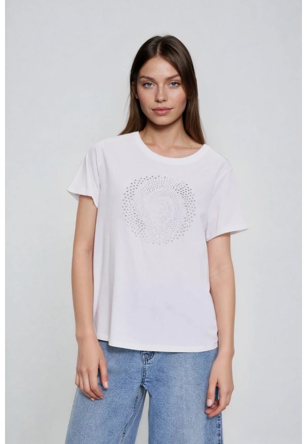 MOODO - Bluzka z dżetami biała. Kolor: biały. Materiał: elastan, bawełna