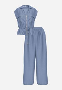 Renee - Niebieski Komplet Utility z Wiskozy Spodnie i Bluzka na Suwak ze Ściągaczem Petolira. Kolor: niebieski. Materiał: wiskoza #2