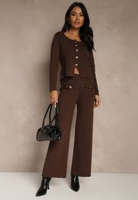 Renee - Brązowy Elegancki Komplet z Dzianiny z Wiskozą Kardigan i Spodnie Delinavea. Kolor: brązowy. Materiał: dzianina, wiskoza. Wzór: aplikacja #5