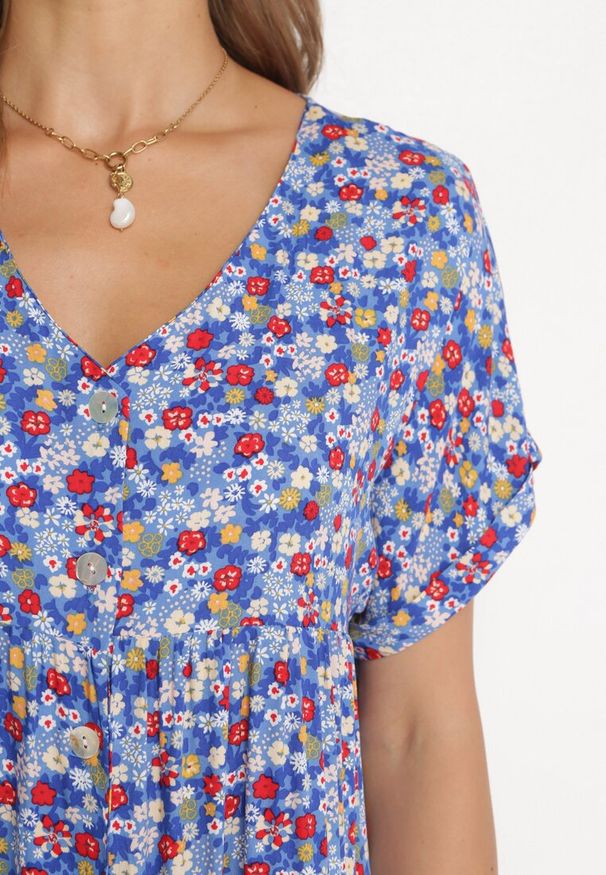 Born2be - Niebieska Sukienka z Wiskozy i Falbanką Janosa. Kolor: niebieski. Materiał: wiskoza. Długość: mini