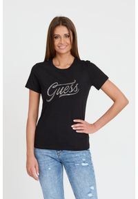 Guess - GUESS Czarny damski T-shirt bawełnany STONES&EMBRO TEE, Rozmiar S. Kolor: czarny