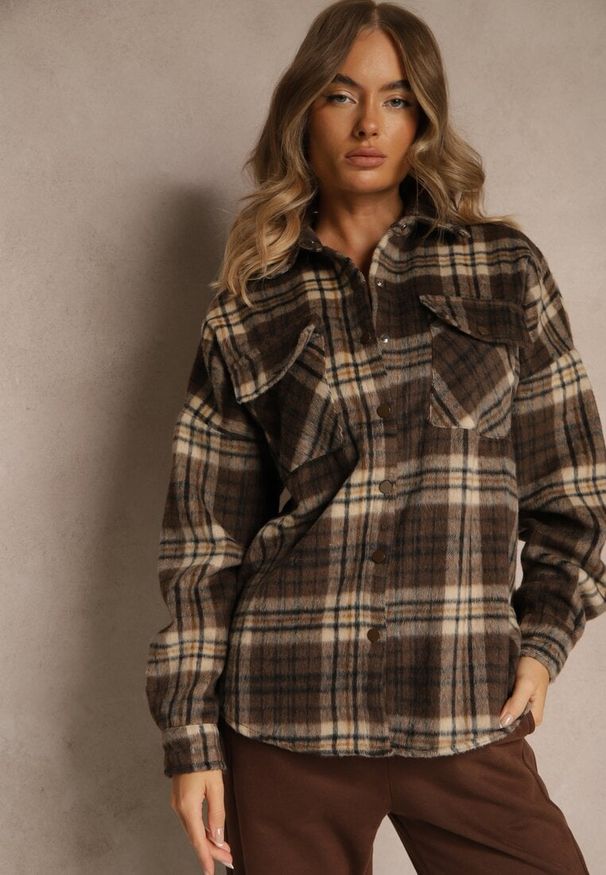Renee - Brązowa Koszulowa Kurtka w Kratę Emitila. Okazja: na co dzień. Kolor: brązowy. Materiał: jeans. Styl: casual