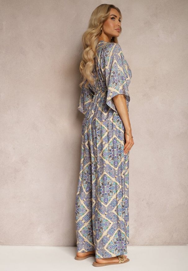 Renee - Niebieski Boho Kombinezon z Wiązaniem na Plecach z Gumką w Pasie i Długimi Nogawkami Sopolia. Kolor: niebieski. Materiał: skóra. Długość: długie. Styl: boho