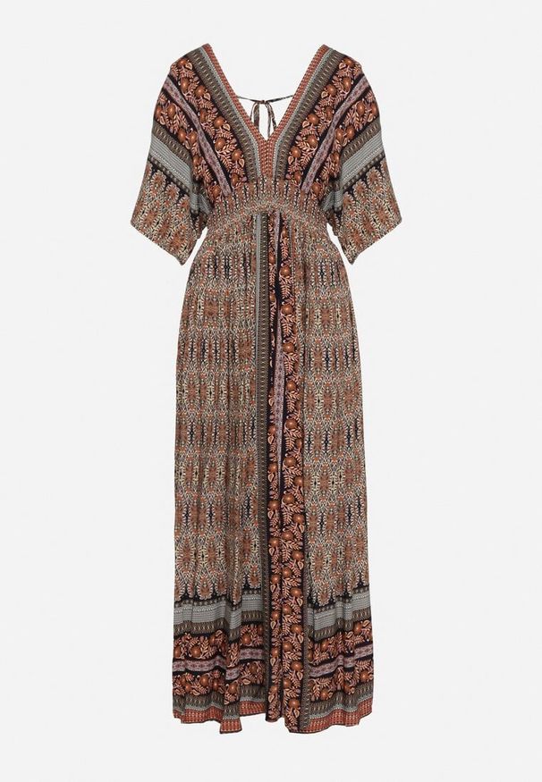 Born2be - Brązowa Boho Sukienka z Szerokimi Rękawami z Gumką w Pasie i Wiązaniem na Plecach Piomina. Typ kołnierza: dekolt w kształcie V, choker. Kolor: brązowy. Wzór: aplikacja. Styl: boho