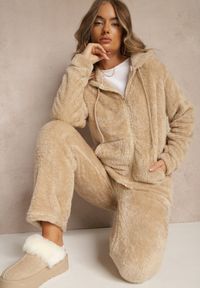 Renee - Beżowy Futerkowy Komplet Dresowy Bluza na Suwak z Kapturem i Spodnie Anatilea. Kolor: beżowy. Materiał: dresówka