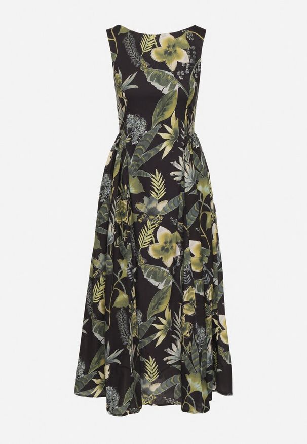 Born2be - Czarna Bawełniana Sukienka Rozkloszowana we Florystyczny Print Liliova. Okazja: na spacer, na imprezę. Typ kołnierza: dekolt w łódkę. Kolor: czarny. Materiał: bawełna. Długość rękawa: na ramiączkach. Wzór: nadruk. Styl: klasyczny