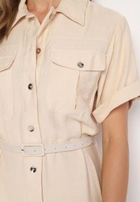 Born2be - Beżowa Wiskozowa Sukienka o Koszulowym Kroju z Paskiem Nelavyn. Okazja: na co dzień, do pracy. Kolor: beżowy. Materiał: wiskoza. Długość rękawa: krótki rękaw. Typ sukienki: koszulowe. Styl: casual, elegancki #2