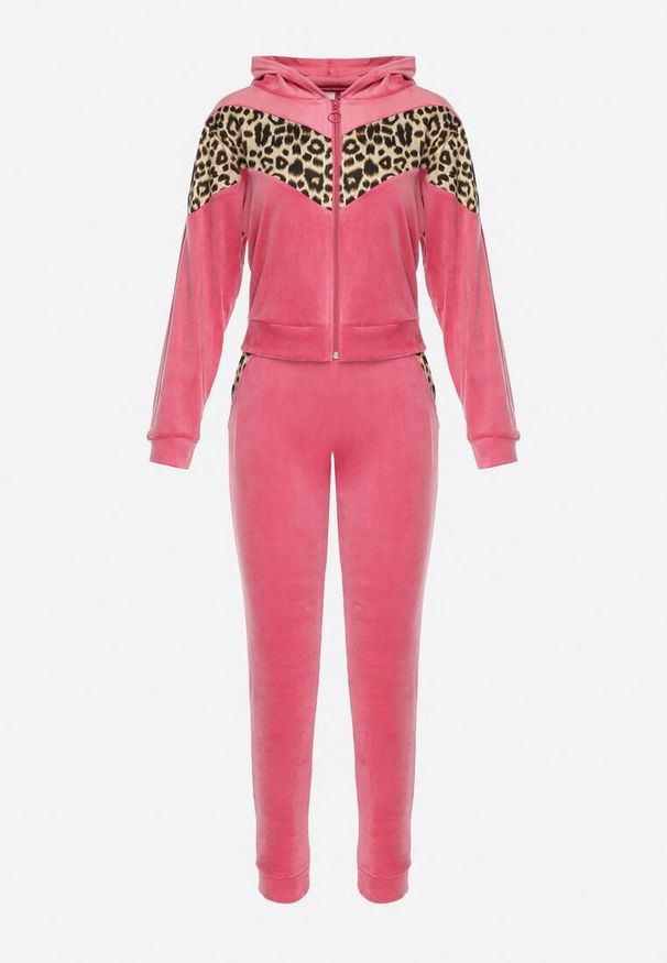 Born2be - Fuksjowy 2-Częściowy Komplet Dresowy z Animal Print Bluza z Kapturem i Spodnie z Kieszeniami Arieli. Kolor: różowy. Materiał: dresówka. Wzór: nadruk