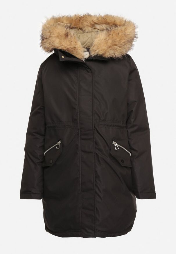 Born2be - Czarna Kurtka Parka z Podwójnym Suwakiem i Kapturem z Odpinanym Futerkiem Ediliria. Okazja: na spacer, na co dzień. Kolor: czarny. Materiał: futro. Styl: casual, elegancki, klasyczny