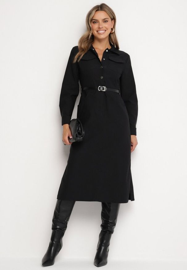 Born2be - Czarna Sukienka o Koszulowym Kroju z Dodatkowym Paskiem i Rozcięciami u Dołu Arinnis. Okazja: na co dzień, na spacer. Kolor: czarny. Długość rękawa: długi rękaw. Typ sukienki: koszulowe. Styl: casual, klasyczny