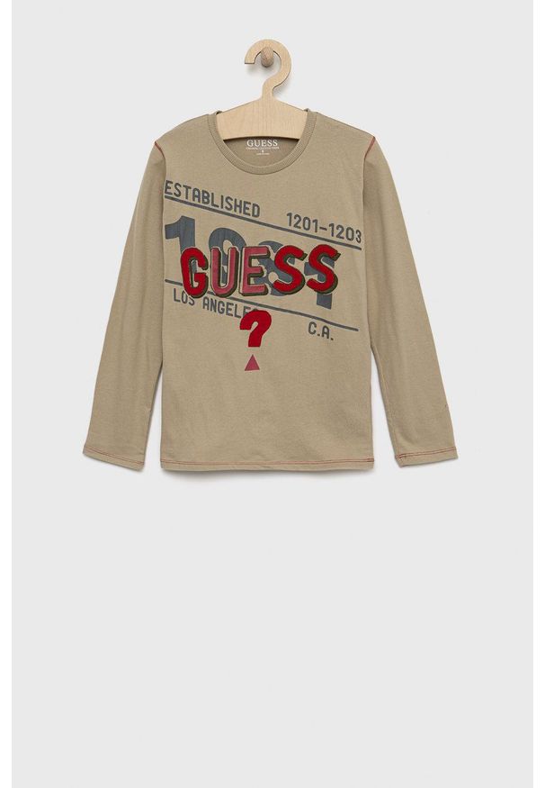 Guess longsleeve bawełniany dziecięcy kolor beżowy z aplikacją. Okazja: na co dzień. Kolor: beżowy. Materiał: bawełna. Długość rękawa: długi rękaw. Wzór: aplikacja. Styl: casual