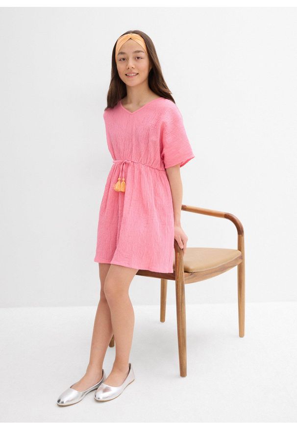 bonprix - Sukienka kaftanowa z fakturowanego, kreszowanego materiału. Kolor: różowy. Materiał: materiał. Sezon: lato