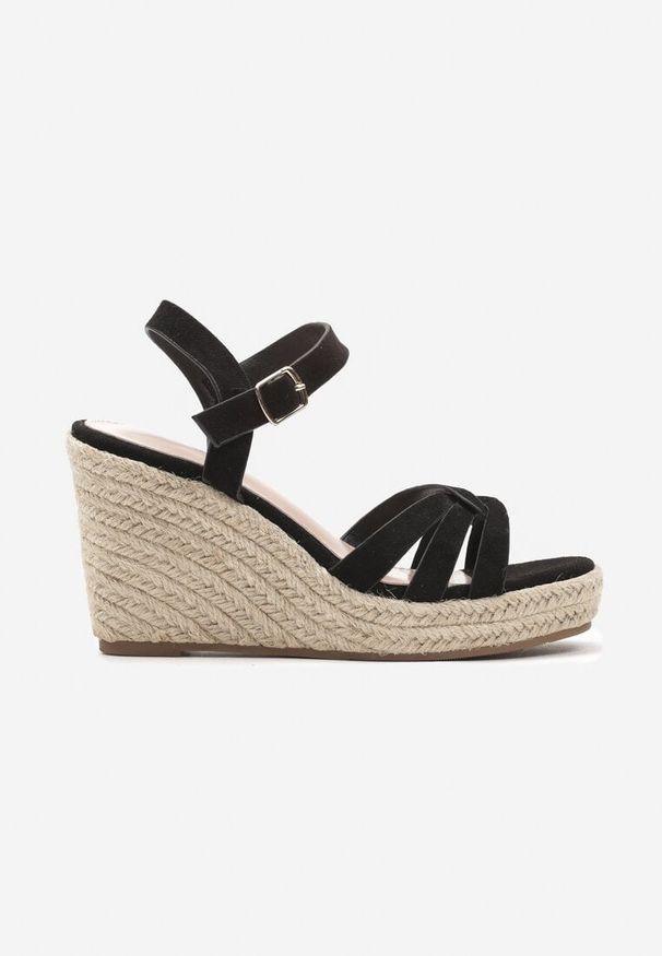 Renee - Czarne Casualowe Sandały na Koturnie w Stylu Boho z Plecionką Grendia. Okazja: na co dzień. Zapięcie: klamry, sprzączka. Kolor: czarny. Materiał: jeans, len. Sezon: lato. Obcas: na koturnie. Styl: boho, casual. Wysokość obcasa: średni