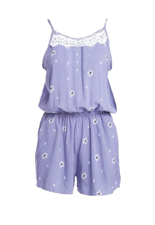 Born2be - Niebieski Kombinezon Hush. Kolor: niebieski. Materiał: koronka. Długość rękawa: na ramiączkach. Długość: krótkie. Wzór: ażurowy, paski, nadruk. Sezon: lato