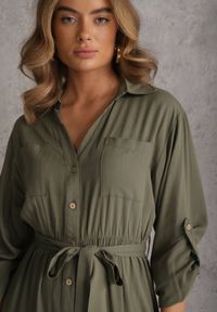 Renee - Zielona Koszulowa Sukienka z Bawełny z Wiązanym Paskiem i Podpinanymi Rękawami Cesela. Okazja: na co dzień. Kolor: zielony. Materiał: bawełna. Typ sukienki: koszulowe. Styl: boho, casual #2
