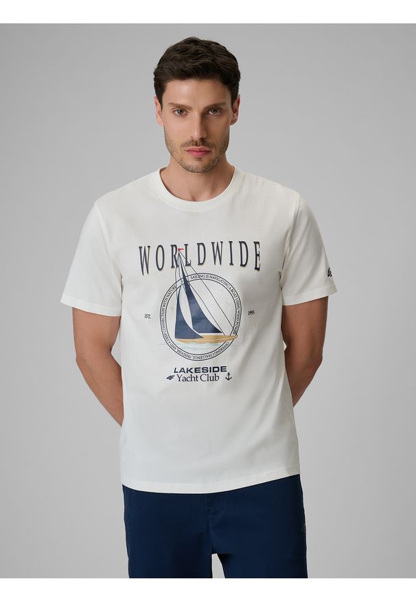 4f - 4F T-shirt regular z nadrukiem męski - biały XXL. Okazja: na co dzień. Kolor: biały. Materiał: materiał, bawełna, jeans, dresówka, dzianina. Wzór: nadruk. Styl: klasyczny, casual